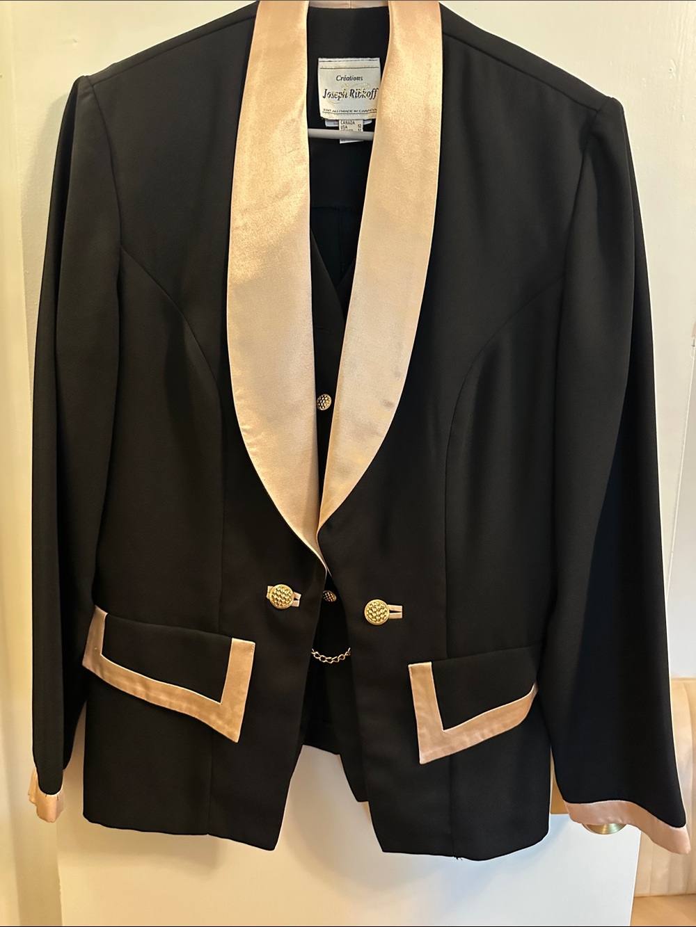 Vintage Joseph Ribkoff Black Blazer with Cream Satin Trim Size